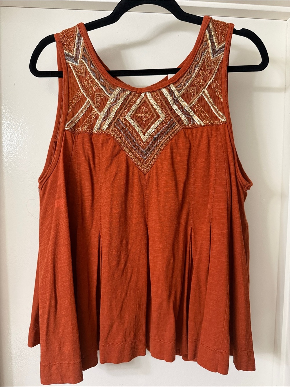 Free People Rust Orange Embroidered Beaded BoHo Sleeveless Top Medium